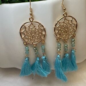Gold and Aqua Dreamcatcher Tassle Earrings